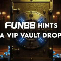 FUN88 teases VIP Vault Drop promotion with a glowing secure vault door surrounded by crowns, gold bars, and scattered blue gems.