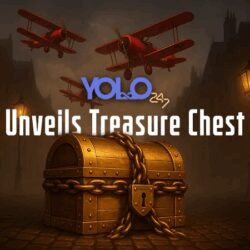Mysterious golden chest with lock and chain under misty light, red planes above, YOLO247 logo teasing a big surprise