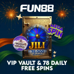 Fun88 VIP Vault with JILI Slot Spins, Operation Aviator, and 78,000 rewards against a festive Indian Independence Day theme